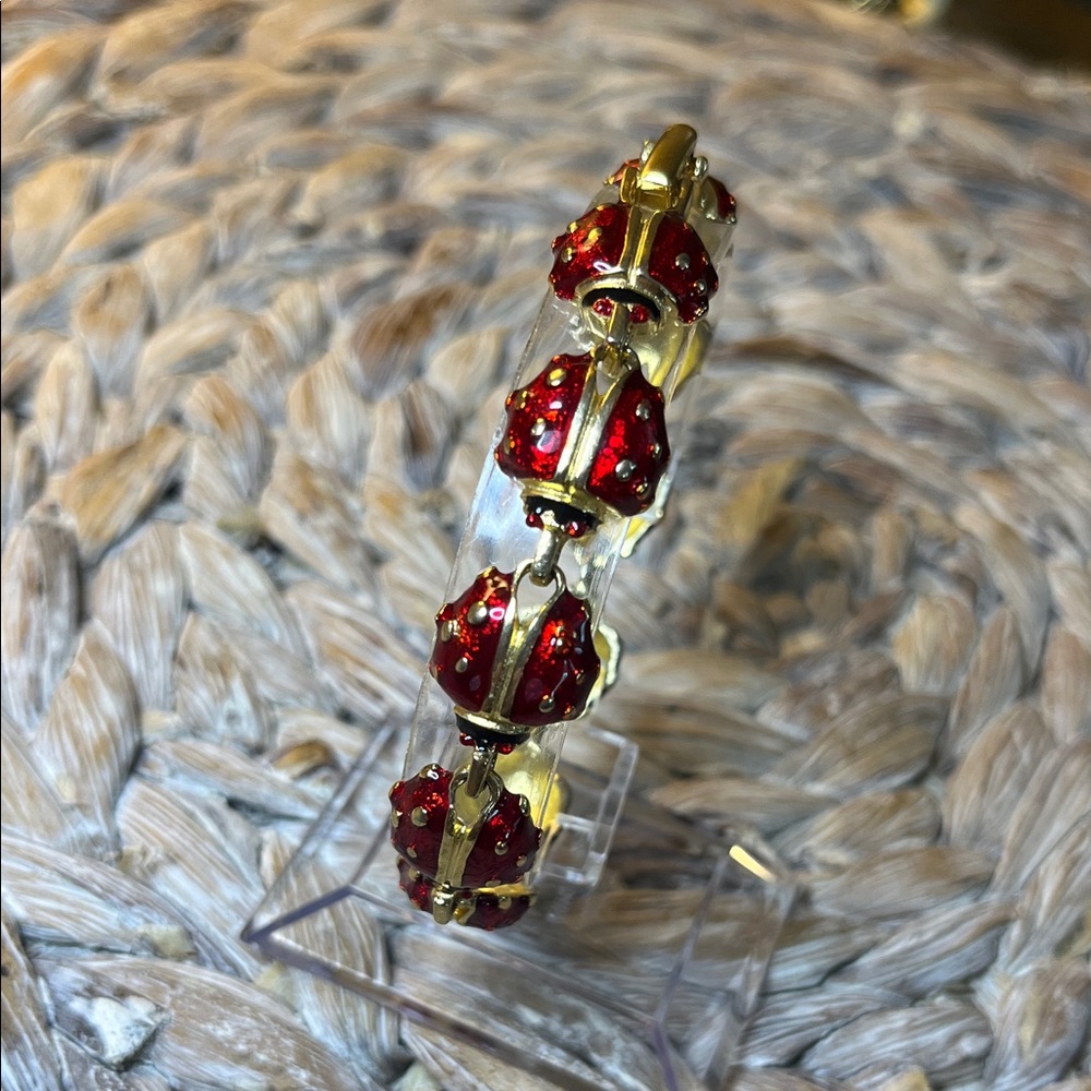 Whimsical Gold Tone and Red‎ Enamel Ladybug Bracelet